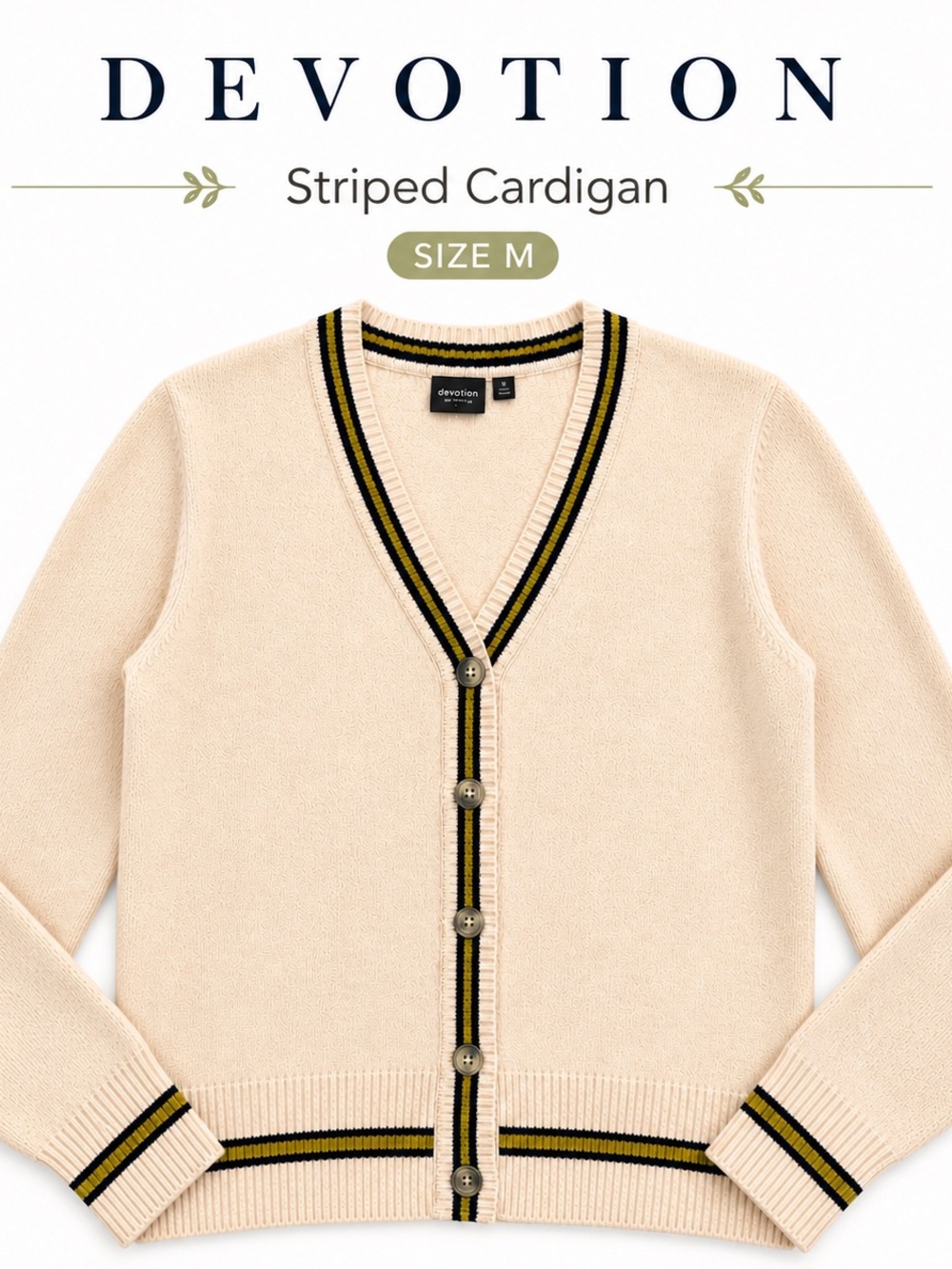 👉 Devotion Cardigan M Cream Stripe Trim Knit Preppy Sweater
